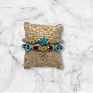 Handmade Beach Vibes Bracelet Set Sea-Inspired Turtle Charm Teal Grey Yellow